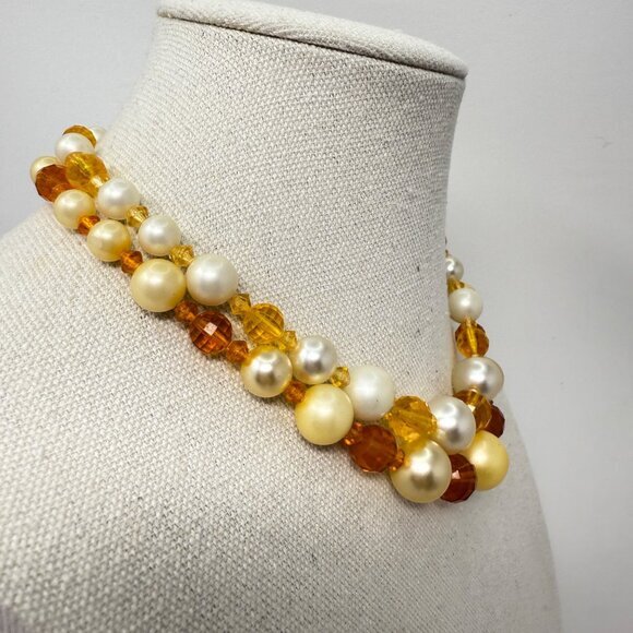 Vintage Beaded Choker Necklace Imitation Pearls Orange Faceted Mid-Century - Picture 3 of 6